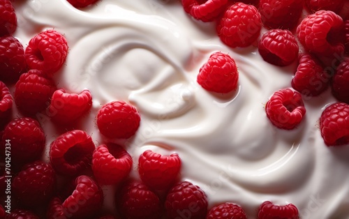 Top View of Fresh Raspberries with Yogurt or Cream. Close-up shot.