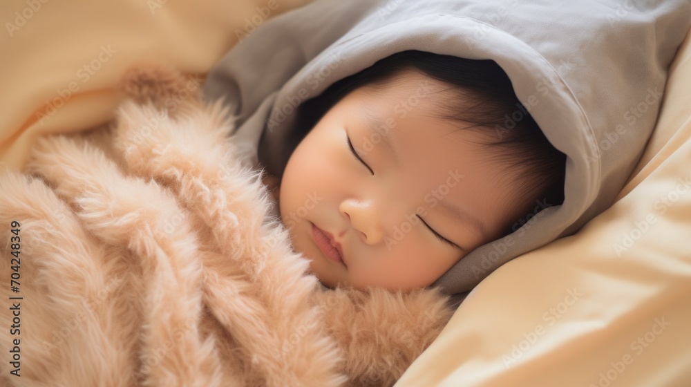 Close up of Asian newborn baby sleeping in blanket on bed. Multiethnic children, Family, new life concepts. Close up of Asian newborn baby sleeping in blanket on bed. Multiethnic children, Family, new life concepts.