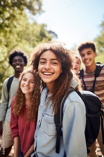 Group of diverse teenagers smiling and posing for a photo in a forest