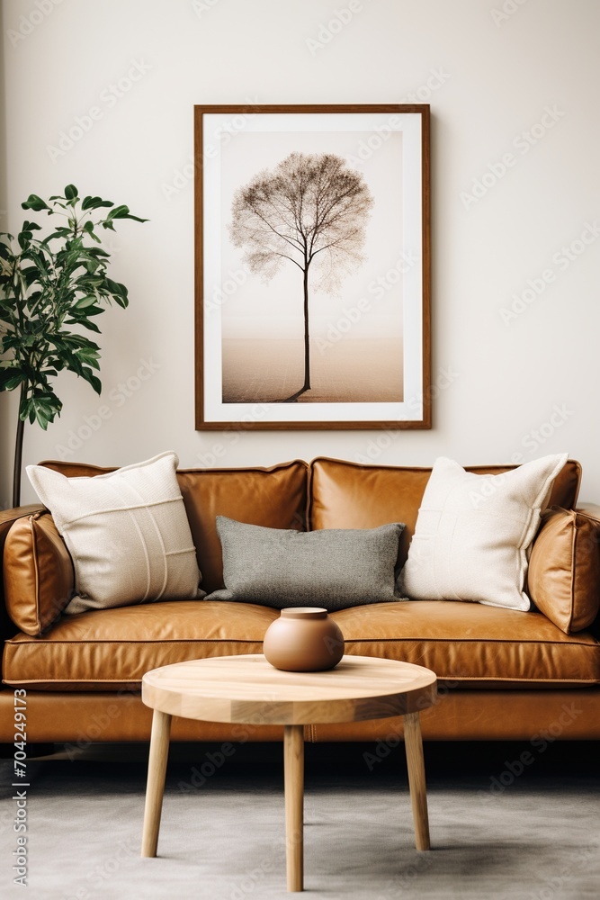 Minimalist living room interior with brown leather sofa and tree artwork Minimalist living room interior with brown leather sofa and tree artwork