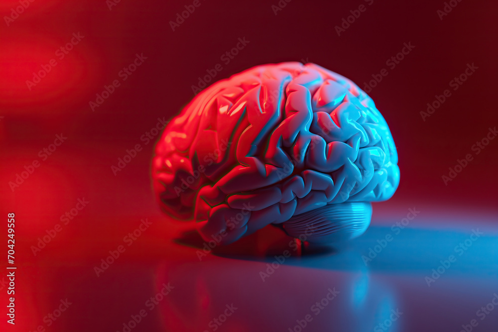 White plastic artificial human brain in red and blue light with copy space White plastic artificial human brain in red and blue light with copy space