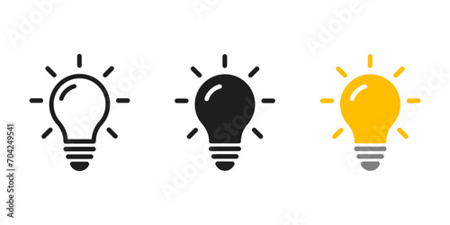 Light bulb with rays shine icon set. Idea symbol. Electric lamp, light, innovation, solution, creative thinking, electricity. Outline, flat, and colored symbol illustration.