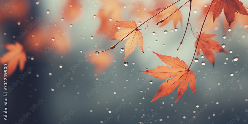 Red Japanese maple autumn rainy weather on gray blurred background red maple leaf is on a rainy day Rainy autumn.AI Generative - obrazy, fototapety, plakaty 