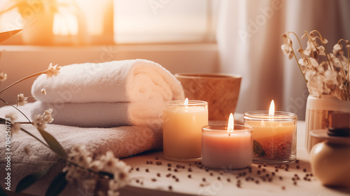 Candles, towels and other details inside a spa salon.
