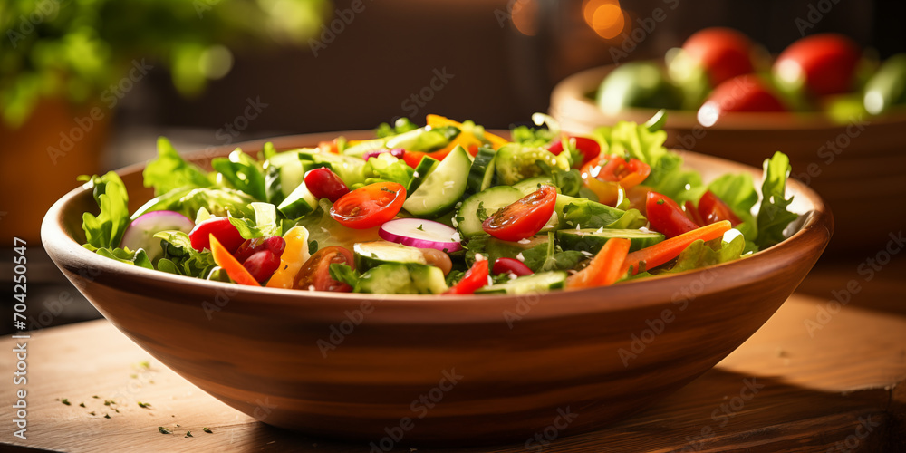 Fresh avocado salad with cherry tomatoes cucumber red onion and lettuce in bowl top view freshness and healthy eating in a vegetarian meal.AI Generative