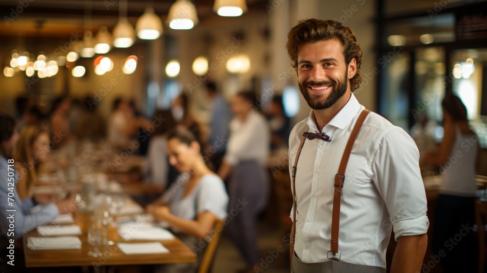 Confident waiter standing in a busy restaurant Confident waiter standing in a busy restaurant