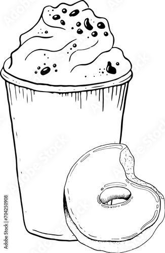Vector milkshake with whipped cream, chocolate chips and bitten glazed donut black and white graphic illustration. Cold summer drink and sweet delicious dessert