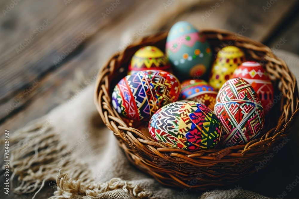 Colorful Easter eggs in basket, Easter background with copy space, Happy Easter day Colorful Easter eggs in basket, Easter background with copy space, Happy Easter day