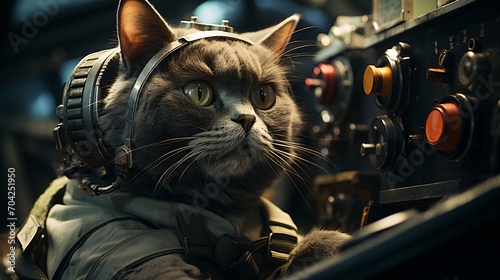 A cat wearing a pilot's helmet and headphones sits in a cockpit