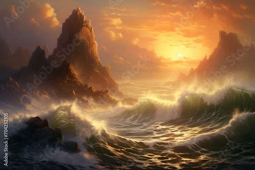 : A dramatic seascape featuring crashing waves against rugged cliffs, with the spray of saltwater caught in the golden light of sunset.