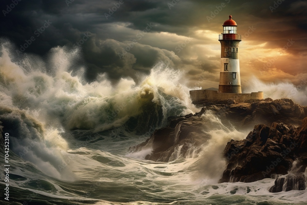 : A dramatic view of a stormy sea, with waves crashing against a solitary lighthouse on a rocky coastline during a tempest.
