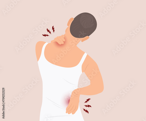 Young woman has pain in the waist and neck, musculoskeletal health problems. Vector illustration
