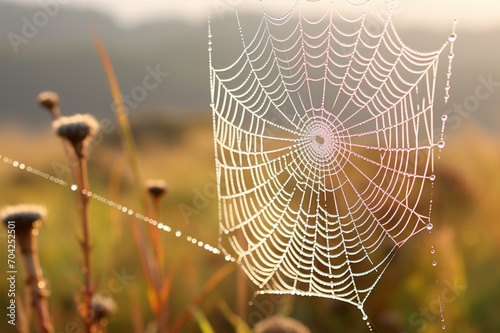: A macro view of a dew-covered spider web suspended above a dewy meadow, showcasing the delicate beauty of nature's design.