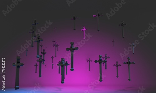 Christianity concept. Levitation of a group of crosses. 3D render