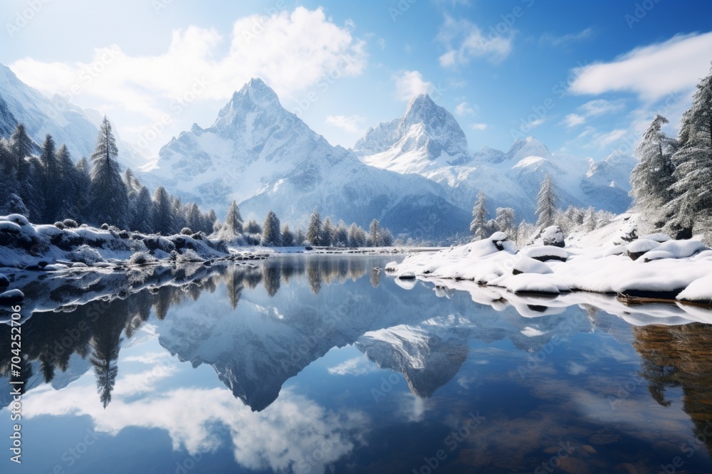 : A peaceful reflection of a snow-covered mountain in a pristine alpine lake, creating a serene and tranquil winter landscape.