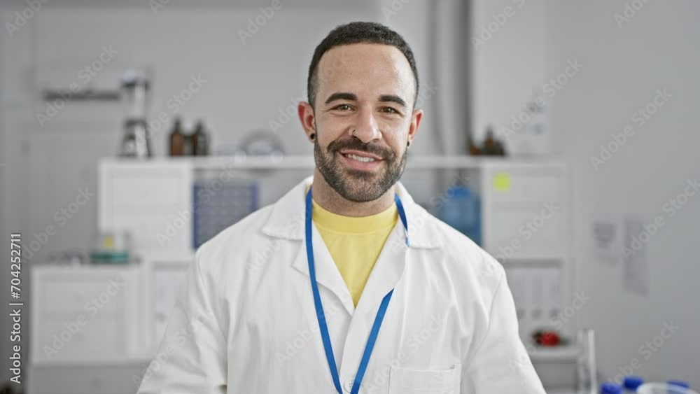 A confident hispanic man in a lab coat adjusting safety glasses indoors at a modern laboratory. A confident hispanic man in a lab coat adjusting safety glasses indoors at a modern laboratory.
