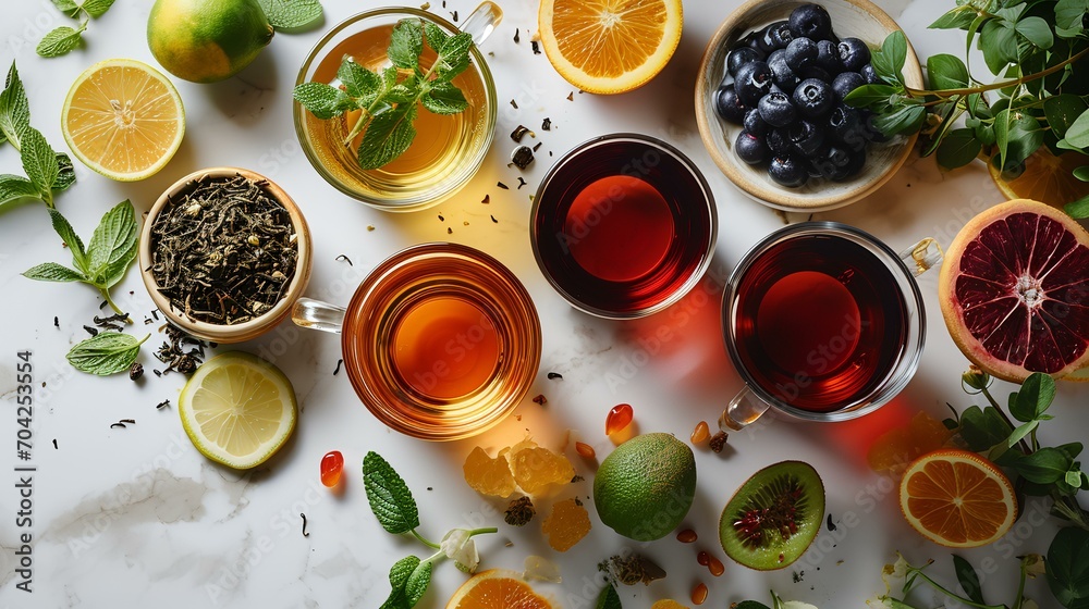 Cups of tea with fruits and berries on a light background, top view