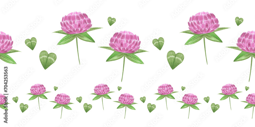Pink clover flower. Seamless horizontal border. Trefoil pattern. Meadow grasses. Illustration drawn with colored pencils. For background design, textiles, packaging