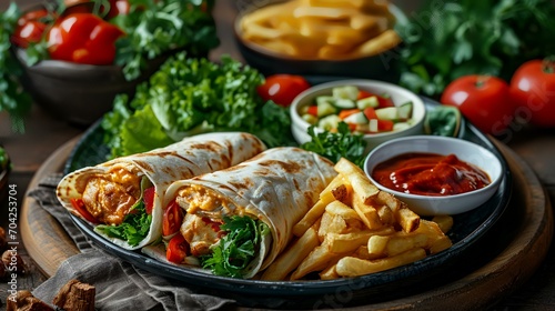 Tortilla wraps with chicken  vegetables  and french fries on a wooden background