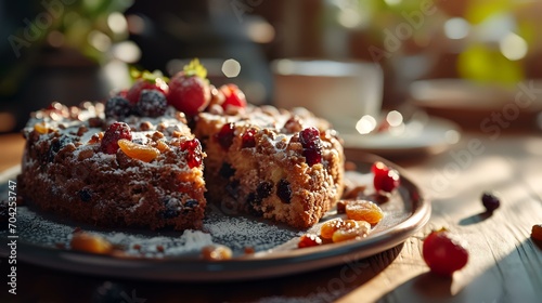 Cake with berries and a cup of coffee on a wooden table