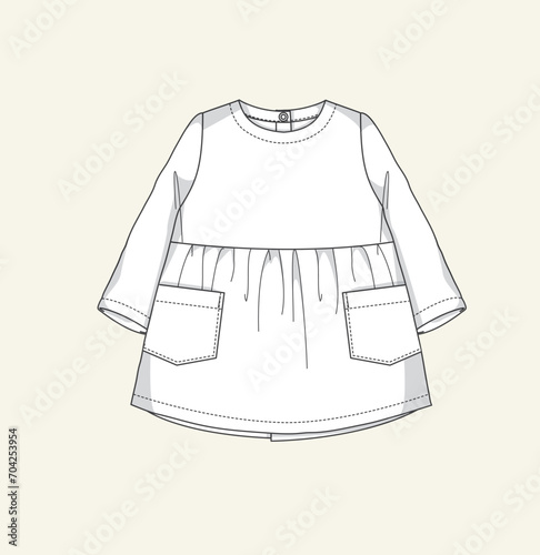 Baby girl full sleeve dress with pocket, frock dress flat sketch illustration