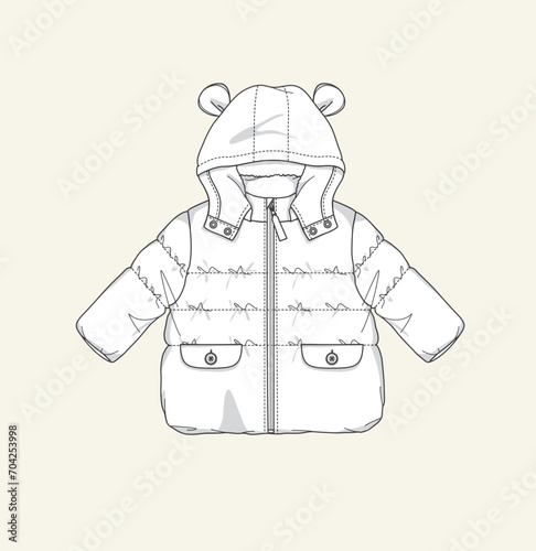 kids baby hooded quilted jacket with hood and front pockets flat sketch illustration
