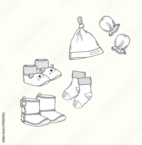 Baby newborn boot, shoe, shocks, mitten beanie cap combo flat sketch illustration