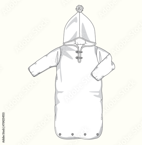 baby full sleeve hooded sleeping pod, sleeping sack, hooded sleeping bag flat sketch illustration