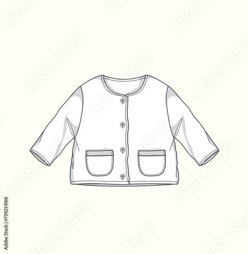 Baby kids full sleeves cardigan with pockets, baby jacket flat sketch illustration