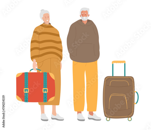 Smiling elderly woman and woman with suitcases. Elderly family Traveling with Luggage. Senior Tourists Characters wearing casual clothes. Colored flat vector illustration isolated on white background