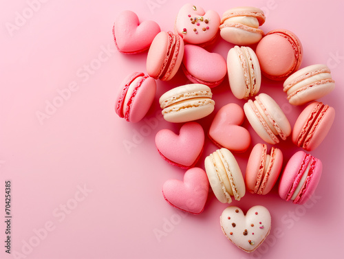 Top view of sweet macaron in heart shape with copy space on pink background, love and valentines day concept