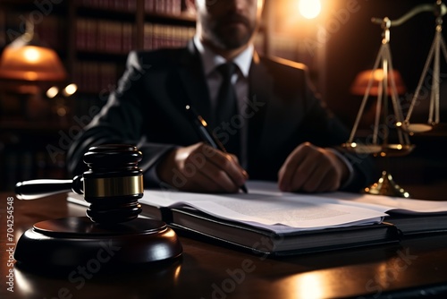 judge signing legal document in courtroom