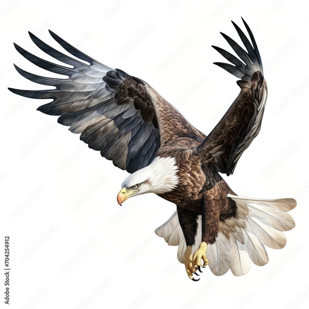 Obraz premium A bald eagle with outstretched wings is swooping down