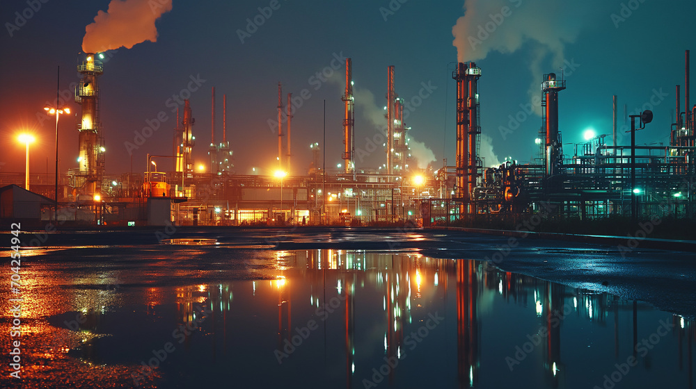Fototapeta premium Petroleum industrial complex at night. Oil refinery plant.