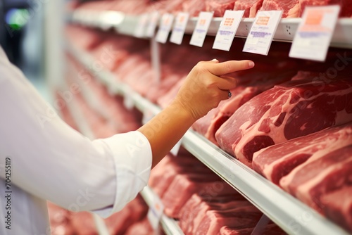 A woman is selecting a cut of beef from a supermarket shelf