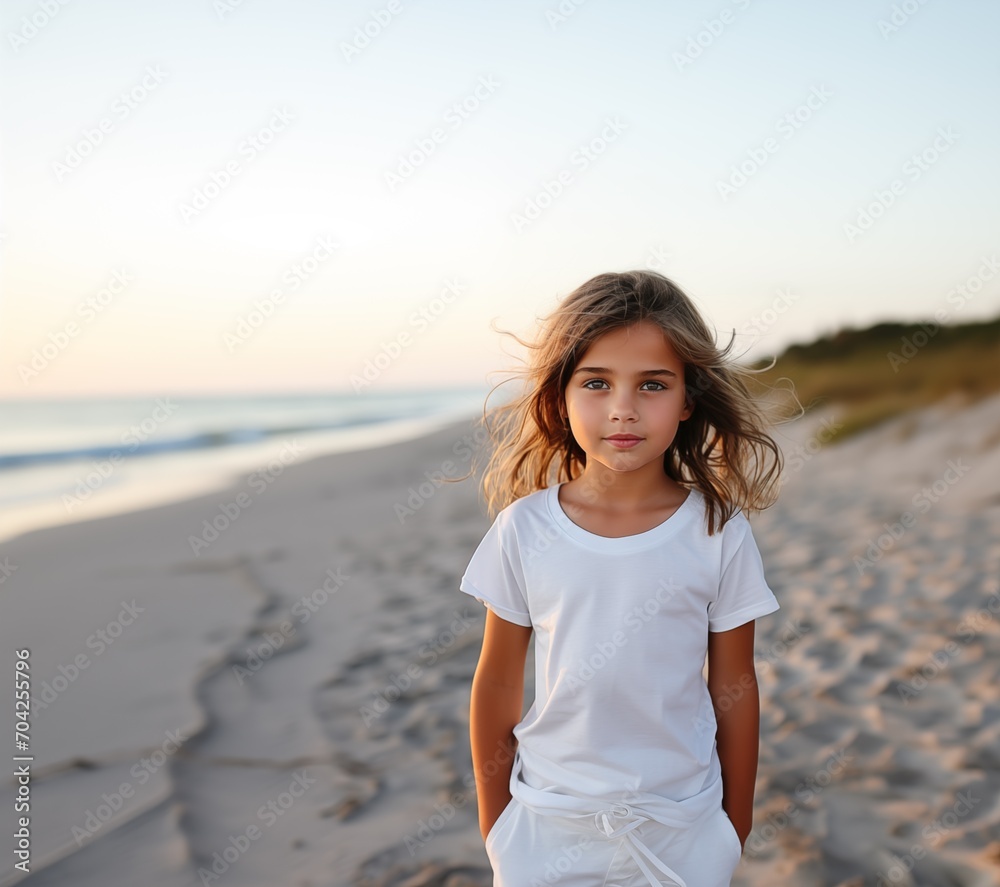 girl in a white T-shirt standing against the background of a deserted beach, in the style of minimalistic sophistication, a mock-up of a white empty T-shirt, with a place for your logo or design girl in a white T-shirt standing against the background of a deserted beach, in the style of minimalistic sophistication, a mock-up of a white empty T-shirt, with a place for your logo or design
