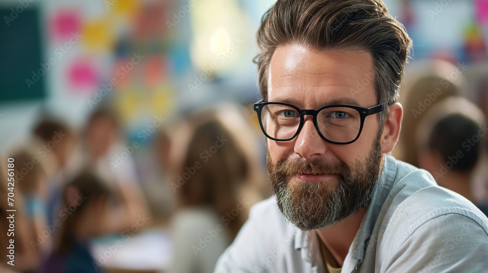 Portrait of a male teacher with eyeglasses in his classroom, kids blurred in back. Portrait of a male teacher with eyeglasses in his classroom, kids blurred in back.