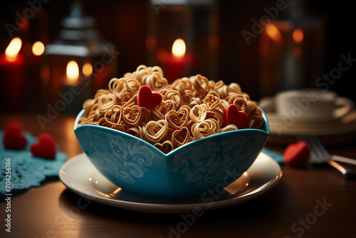 hot noodles in bowls with red hearts on the top valentine concept.