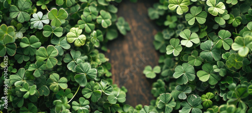 A frame for a text formed out of a dense cluster of vibrant green clover leaves. photo