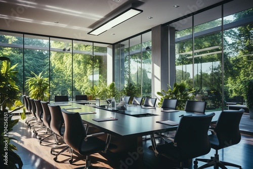 Modern office interior with large windows and green plants © duyina1990