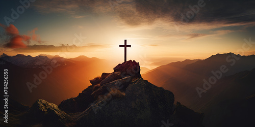 cross in the mountains,The cross of christ on top of the mountain with beautiful sunset in the background panoramic generative ai,A cross on a mountain with the sun setting behind it,cross on a mounta
