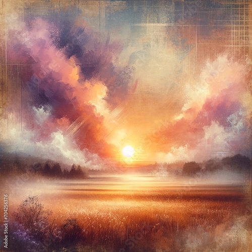 abstract artwork inspired by a sunrise over a misty field for wall decor