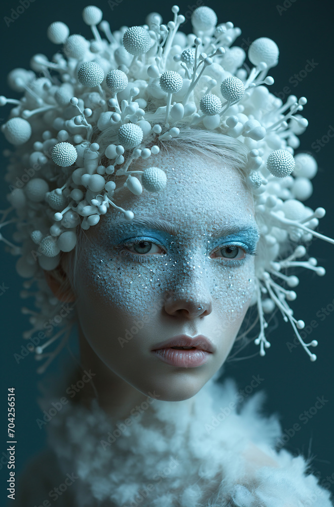 A woman with white and blue makeup and white balls on her head