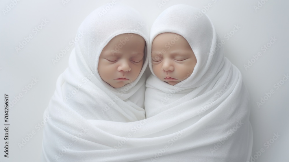 Top view of two sleeping newborn twin boys wearing cocoons and a knitted hat on a white background. Studio professional close-up portrait. New life, family and children concepts. Top view of two sleeping newborn twin boys wearing cocoons and a knitted hat on a white background. Studio professional close-up portrait. New life, family and children concepts.
