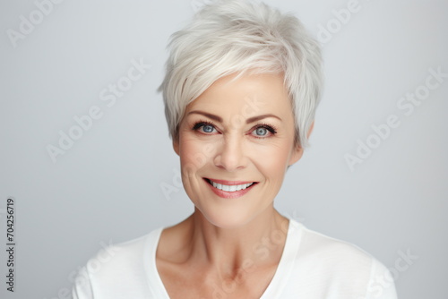 Portrait of a smiling mature woman with short white hair