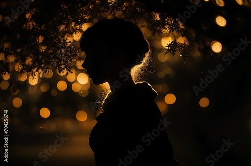 A portrait of a woman illuminated by natural lights with a bokeh background,