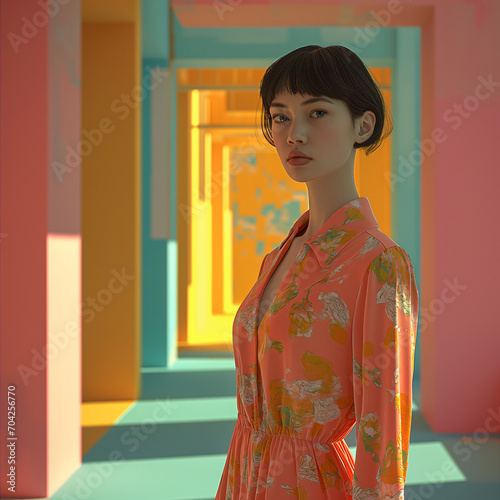 A young woman stands confidently against a wall, her face adorned with a determined expression as she wears a stunning kimono-inspired dress, embodying both elegance and strength in her fashion choice