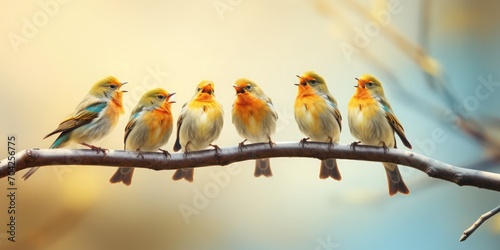 A flock of five birds are singing on the branch, vignetting photography, Dadaism, 16k, high detail
