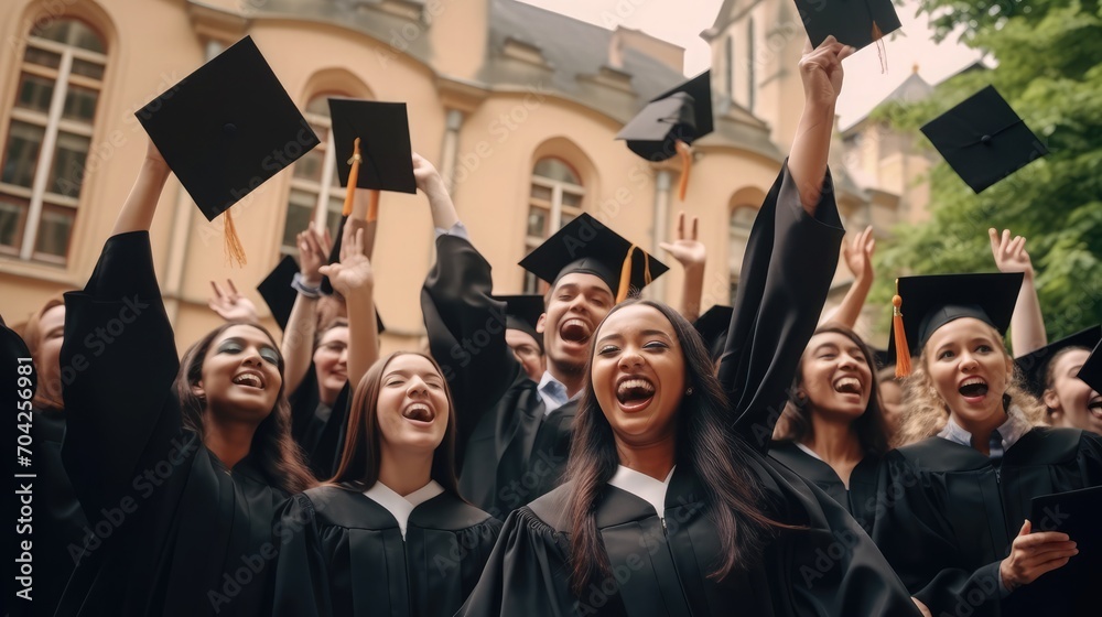 Obraz premium A group of cheerful graduates holding diplomas or certificates up together and celebrating success. Diverse multiethnic young students in black robes graduating outside university college institution 