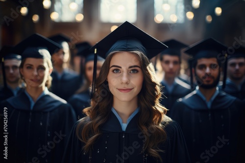 A group of graduates in graduation standing next to one another, in the style of vray tracing, anamorphic lens,  © sambath
